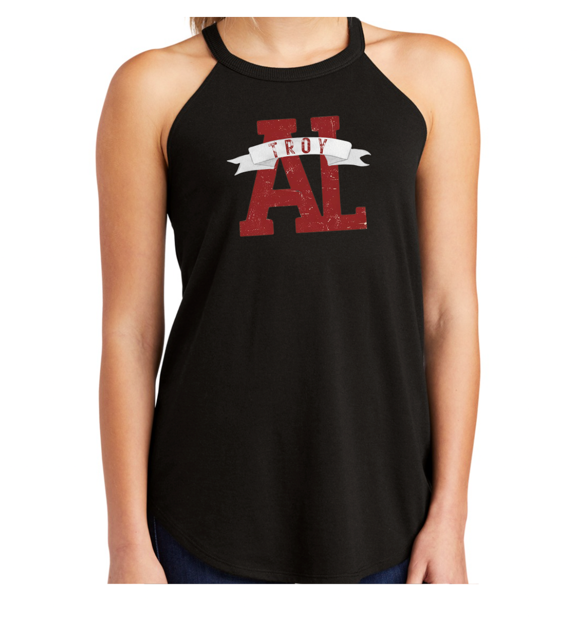 AL Troy Banner Distressed - Bella Canvas Crop Racerback Tank (black) or District DT137L Women's Perfect Tri ® Rocker Tank