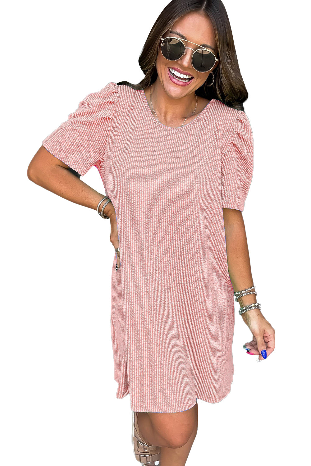 Blossom Corded Crew Neck Puff Sleeve Mini Dress