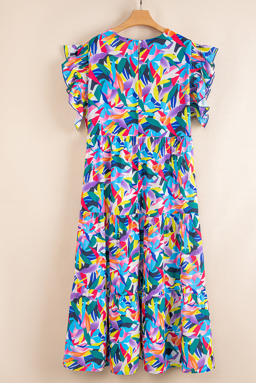 Blue Abstract Print Ruffle Sleeve Plus Size Tiered Maxi Dress